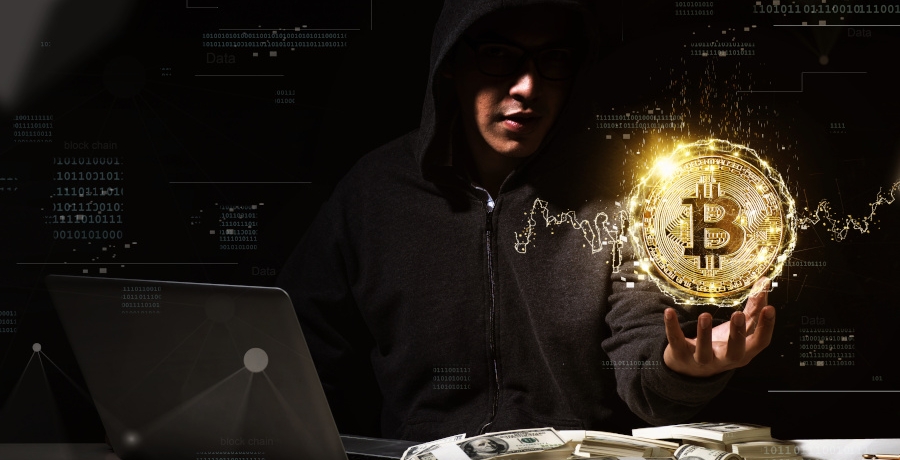Hacker stealing and mining Bitcoins concept.