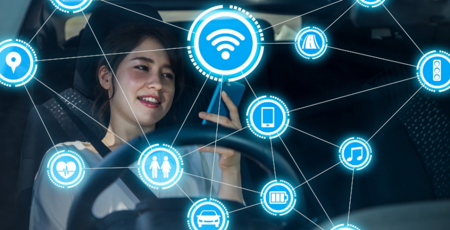 car interior and wireless communication network. Internet of Things. Information Communication Technology. abstract concept. right hand drive.