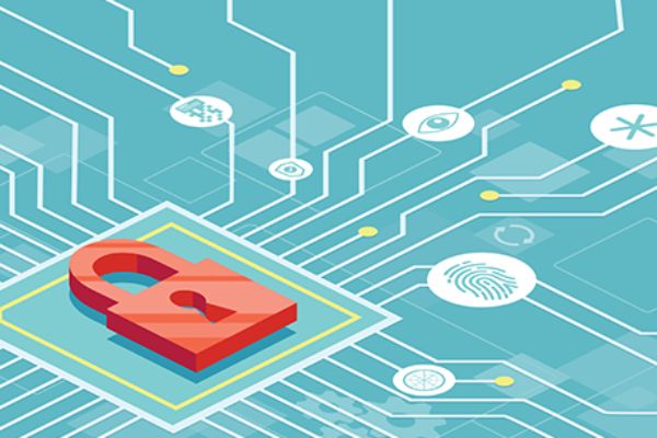 Vektorgrafik: rotes Sicherheitsschloss vor blauem Mikrochip 