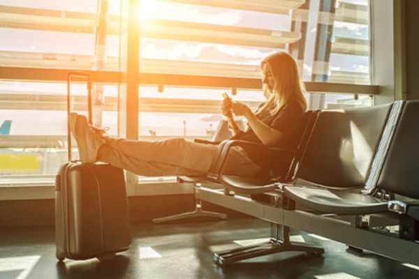 Frau mit Koffer wartet im Flughafen 