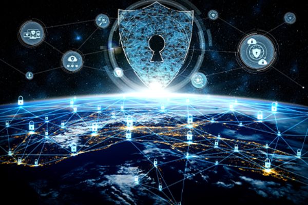 Kommunikationsnetz mit Schlosssymbolen über Globus gespannt (Ende-zu-Ende-Verschlüsselung)
