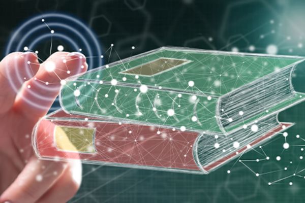 Zwei virtuelle Bücher als Symbol für Online-Lernplattformen