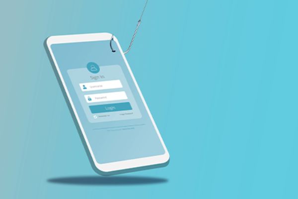 Vektorgrafik: Smartphone an einer Angel vor türkisem Hintergrund 