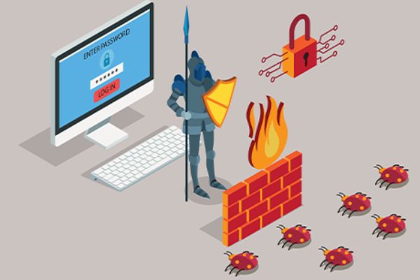 Vektorgrafik Ritter und Firewall schützen PC vor Bugs