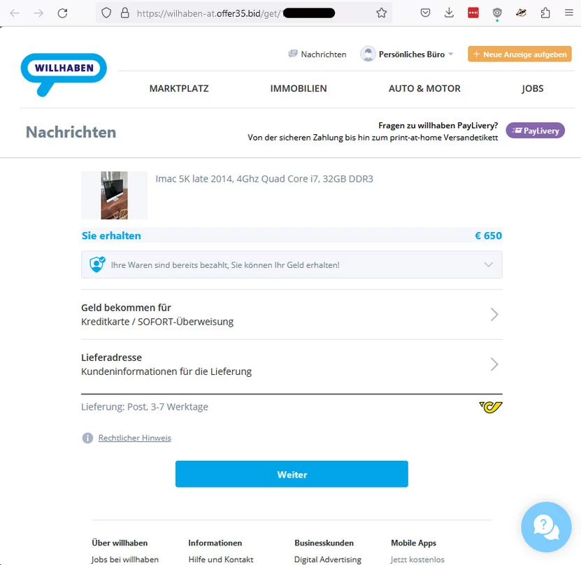 Screenshot Gefälschte Willhaben/PayLivery-Webseite