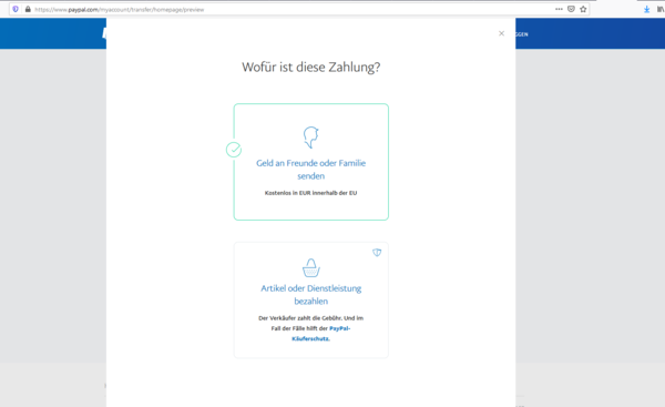 PayPal Funktion "Geld senden"
