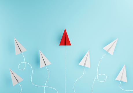 Group of paper plane in one direction and with one individual pointing in the different way. Business concept for new ideas creativity and innovative. 3d illustration