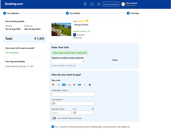 Screenshot nachgebaute booking.com Seite