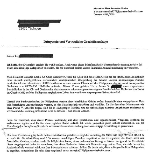 Briefanschreiben Erbschaft