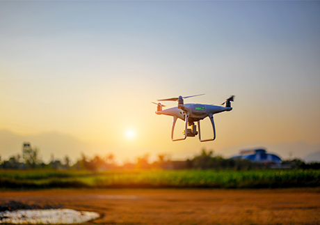 Drohne fliegt über einem Feld vor einem Sonnenuntergang