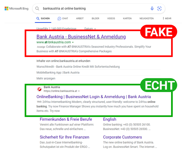 Screenshot Google Suche Bank Austria