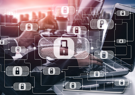 Cyber Security and Digital Data Protection Concept. Icon graphic interface showing secure firewall technology for online data access defense against hacker, virus and insecure information for privacy.