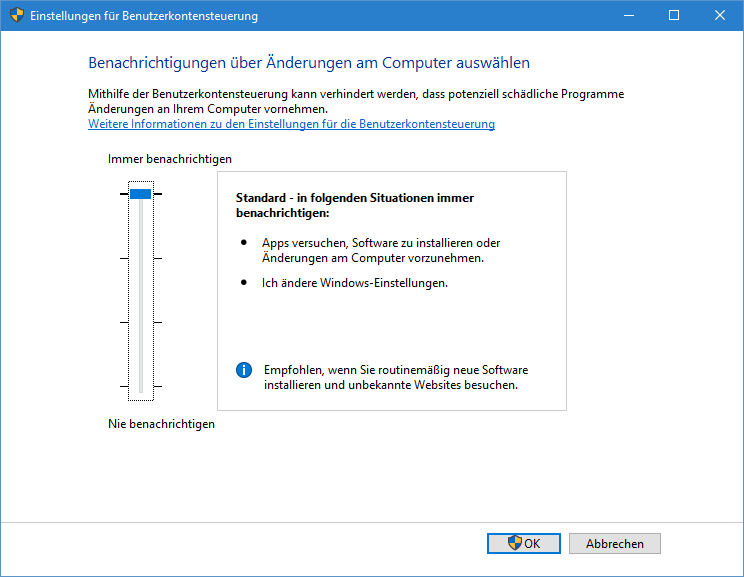 Benachrichtigungen der Benutzerkontensteuerung in Windows 10