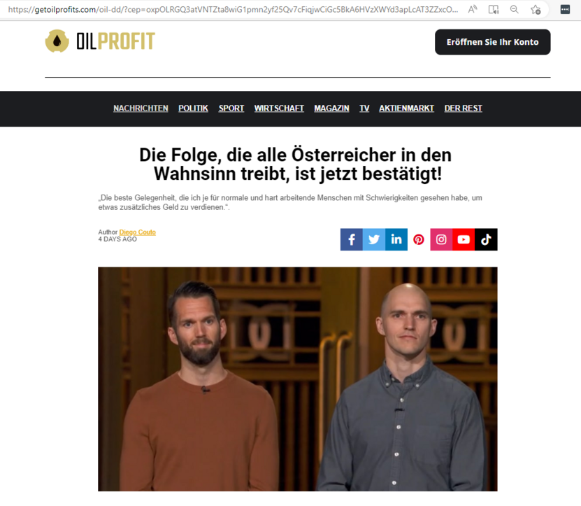 Screenshot: Betrügerischer Nachrichtenartikel aus einer Anzeige auf der Edge-Startseite