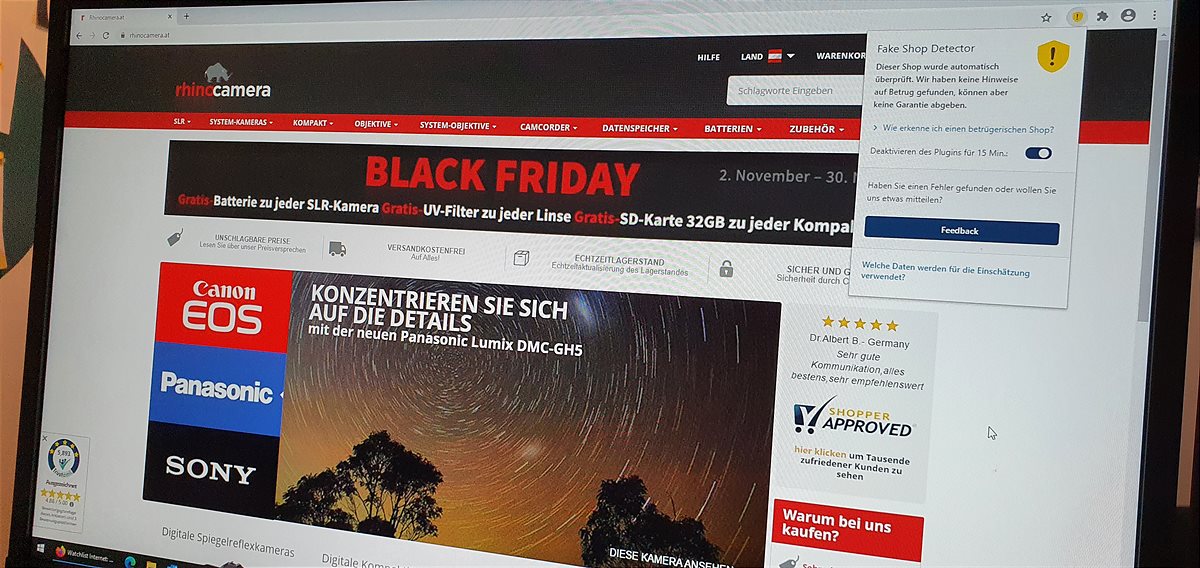 Bild eines Online-Shops mit aktiviertem Fake-Shop Detector Browser-Plugin