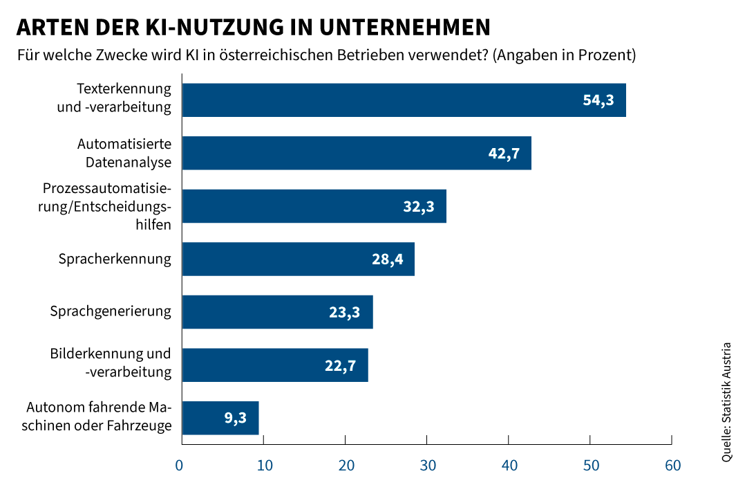 Infografik zu Arten der KI-Nutzung in österreichischen Unternehmen