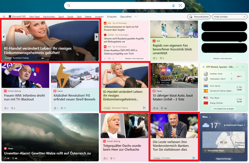Sreenshot: Edge Startseite mit betrügerischer Werbung