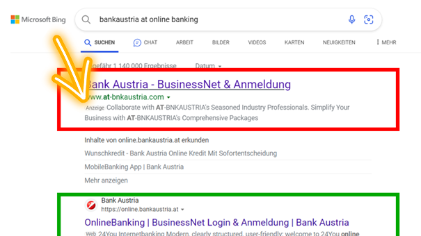 Screenshot Hinweis auf Werbung in Suchergebnissen