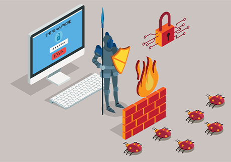 Vektorgrafik Ritter und Firewall schützen PC vor Bugs