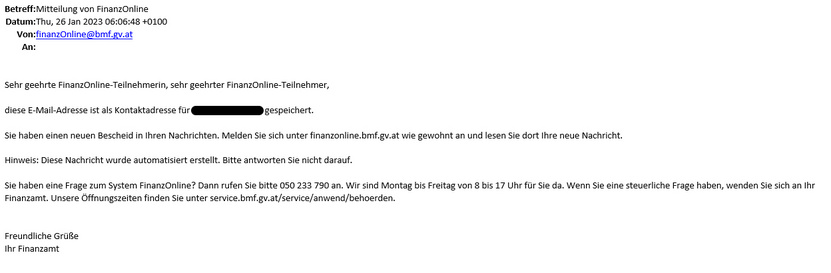 Screenshot: Echtes E-Mail von FinanzOnline 