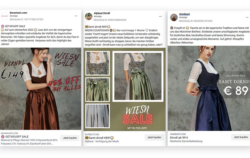 Screenshots von Werbeanzeigen unseriöser Dirndl-Shops auf Facebook und Instagram