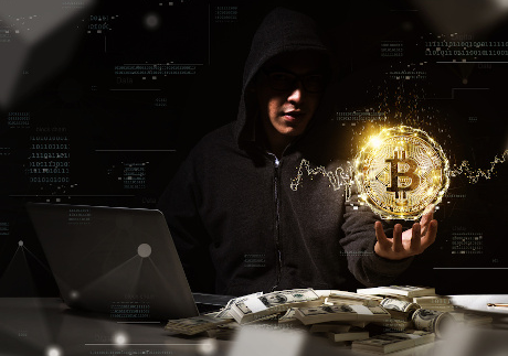 Hacker stealing and mining Bitcoins concept.