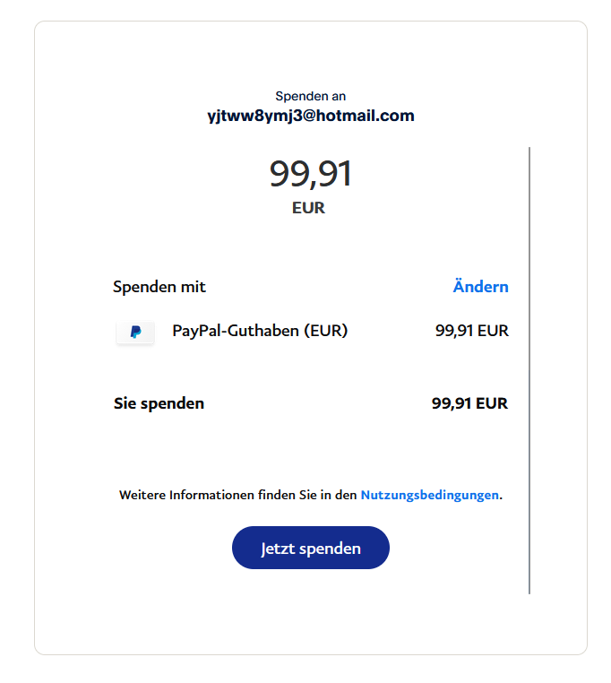 Screenshot: Missbrauch der Spenden-Funktion bei PayPal