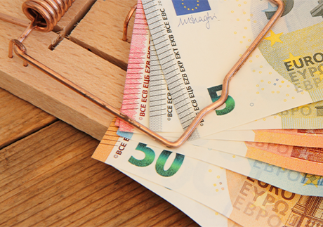 Euro-Geldnoten in einer Mausefalle. 
