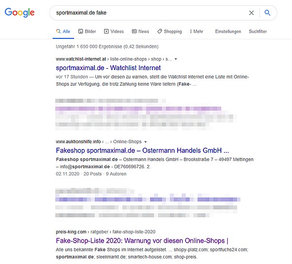 Screenshot: Suchergebnisse zu Fake-Shop